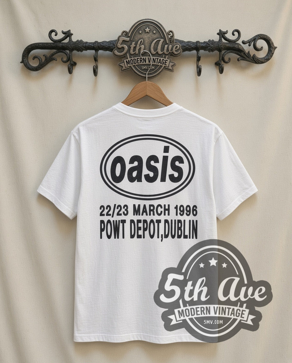 Oasis Liam Mic vintage band t-shirt in white, back view on the 5MV rack
