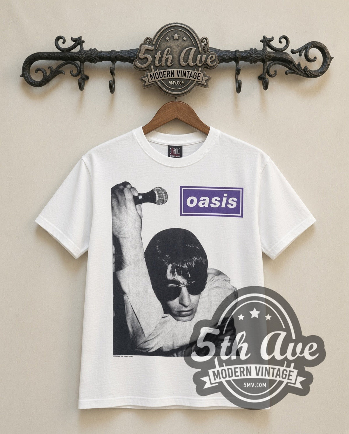 Oasis Liam Mic vintage band t-shirt in white, front view on the 5MV rack
