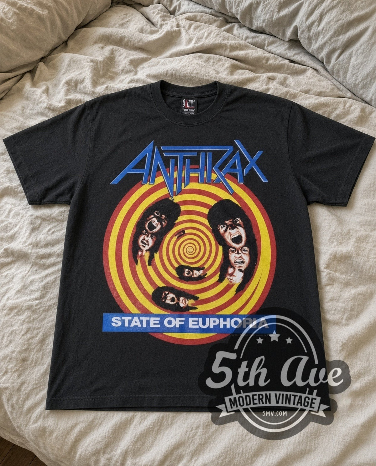 Anthrax State of Euphoria vintage band t-shirt in black laid flat on a bed, front artwork