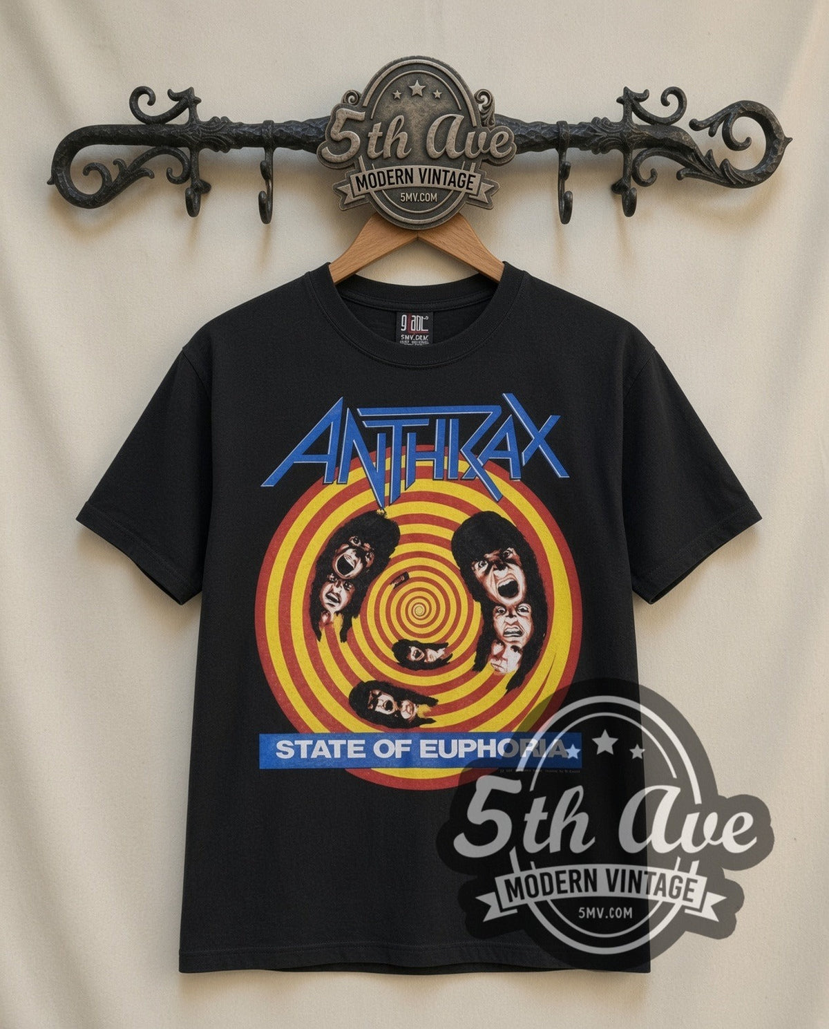 Anthrax State of Euphoria vintage band t-shirt in black, front view on a display rack
