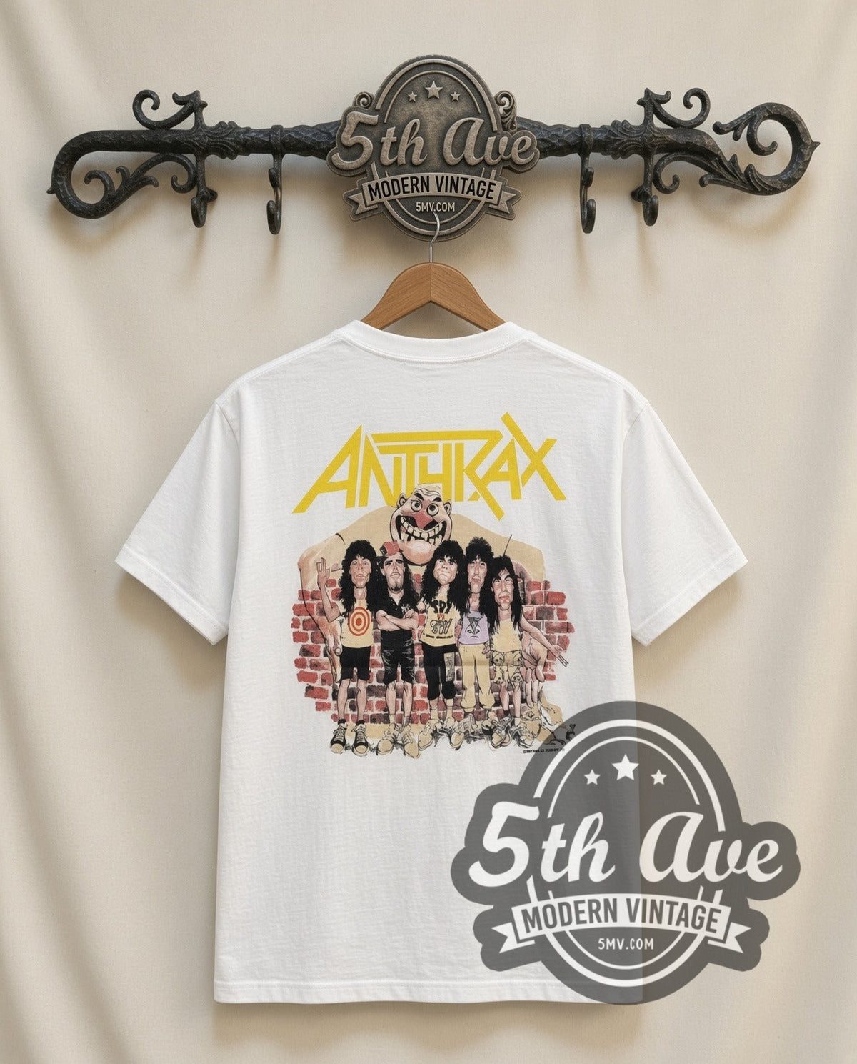 Anthrax State of Euphoria vintage band t-shirt in white, back view on a display rack