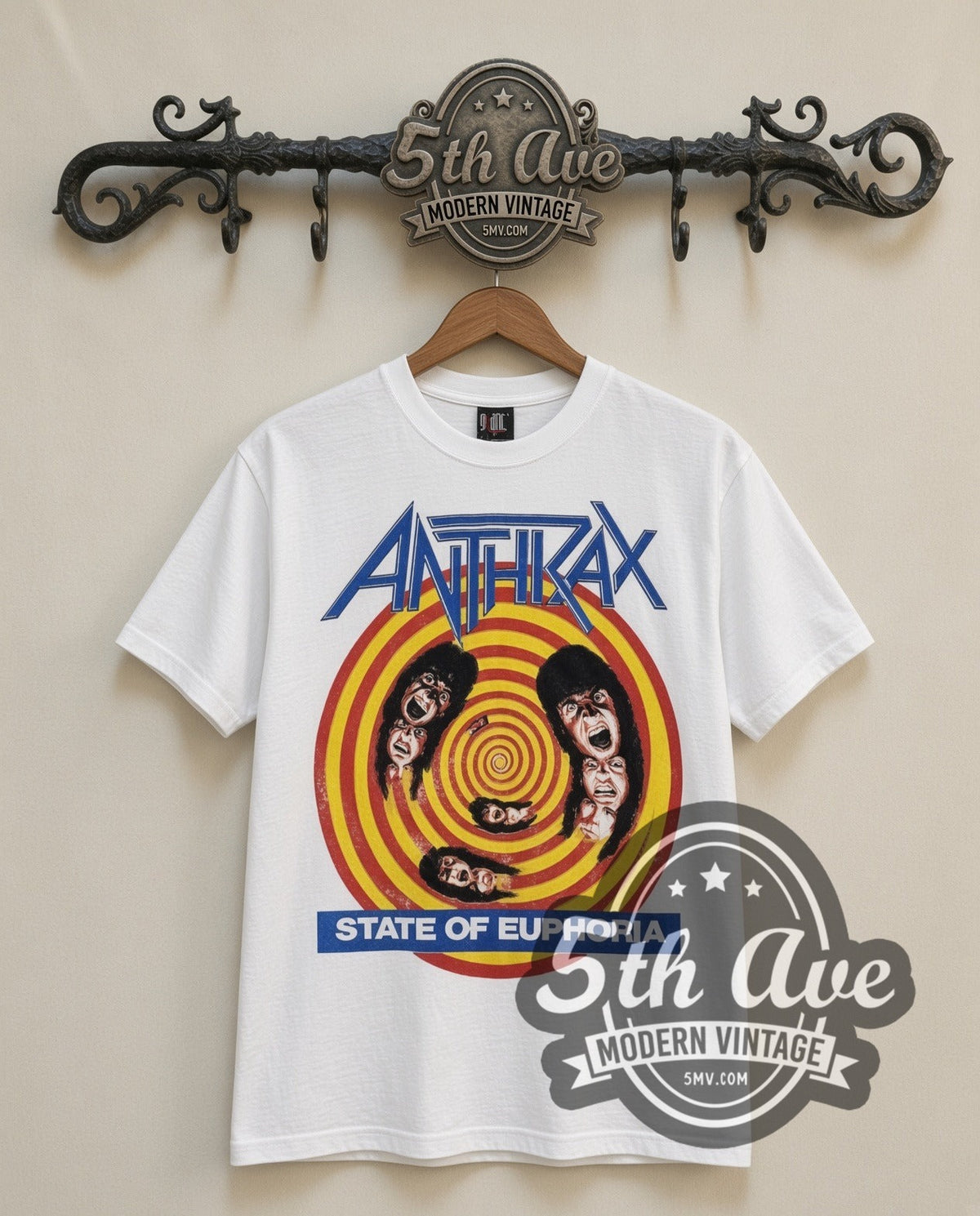 Anthrax State of Euphoria vintage band t-shirt in white, front view on a display rack