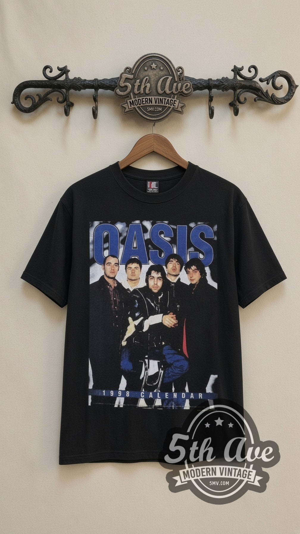 Oasis Tour Calendar vintage band t-shirt in black, front view on the 5MV rack