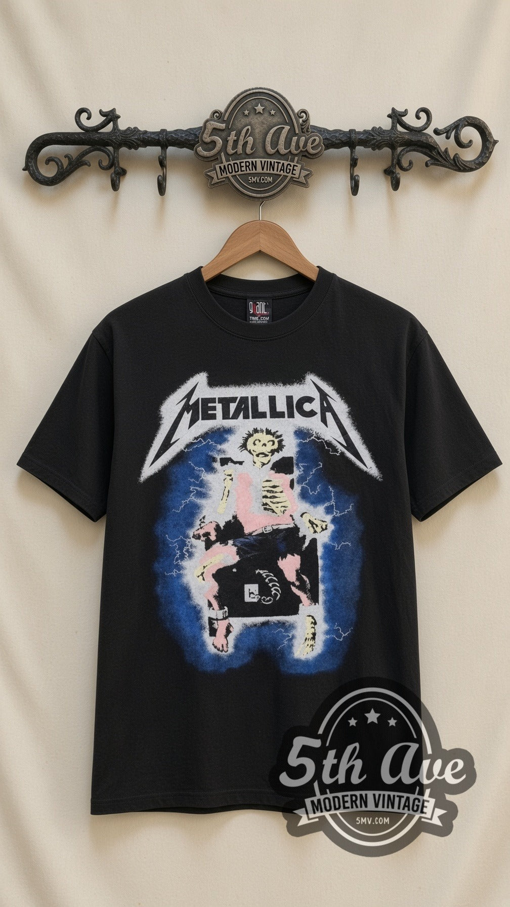 Metallica Lightning vintage band t-shirt, front view on the 5MV rack