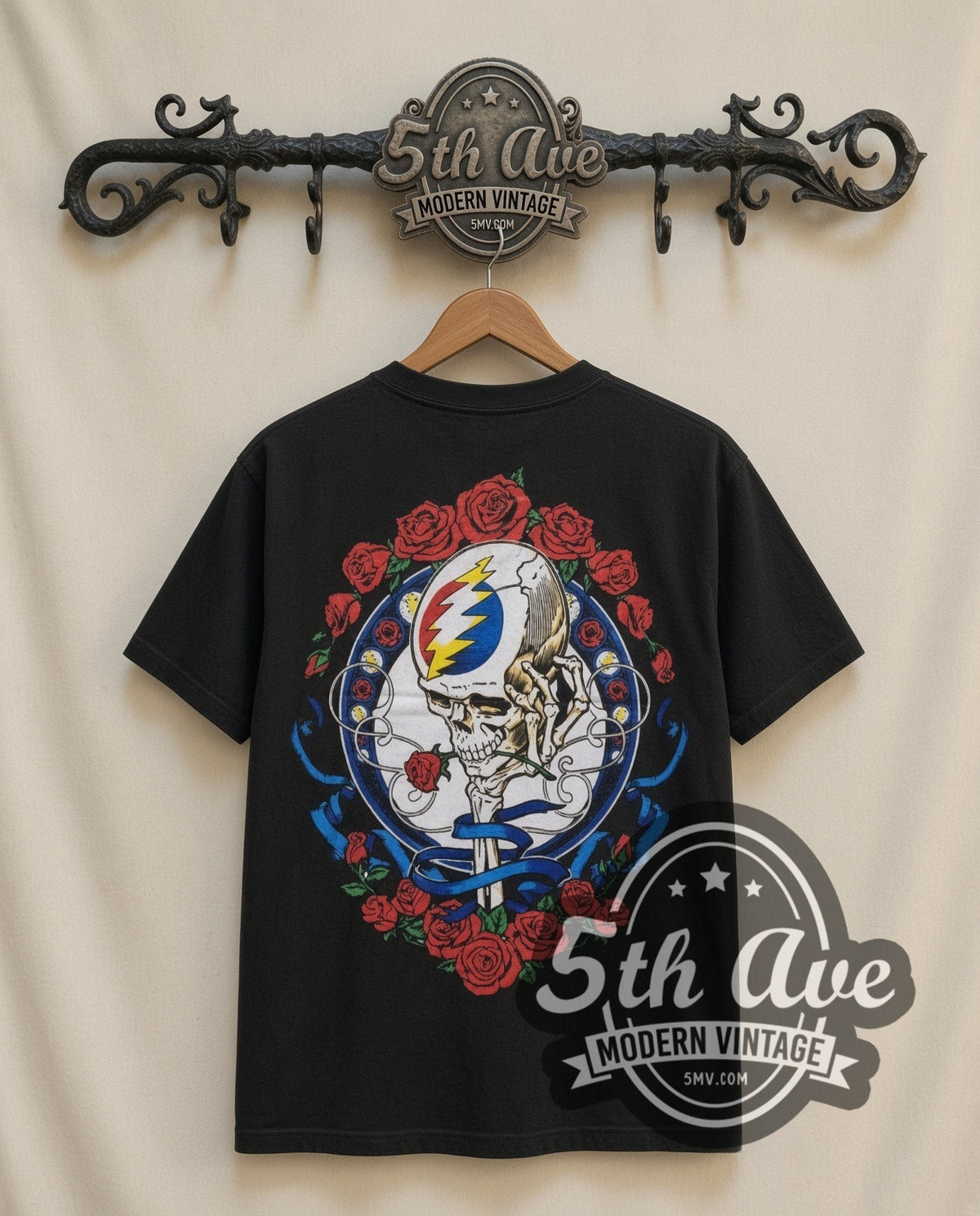 Grateful Dead Steal Your Face vintage band t-shirt in black, back view on a display rack