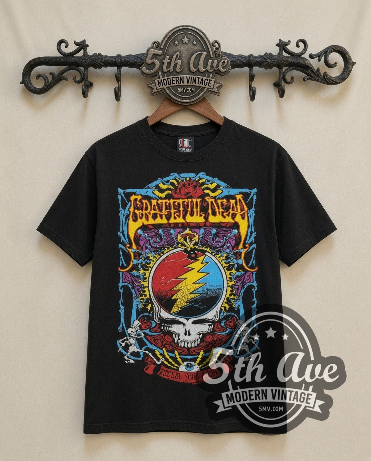 Grateful Dead Steal Your Face vintage band t-shirt in black, front view on a display rack