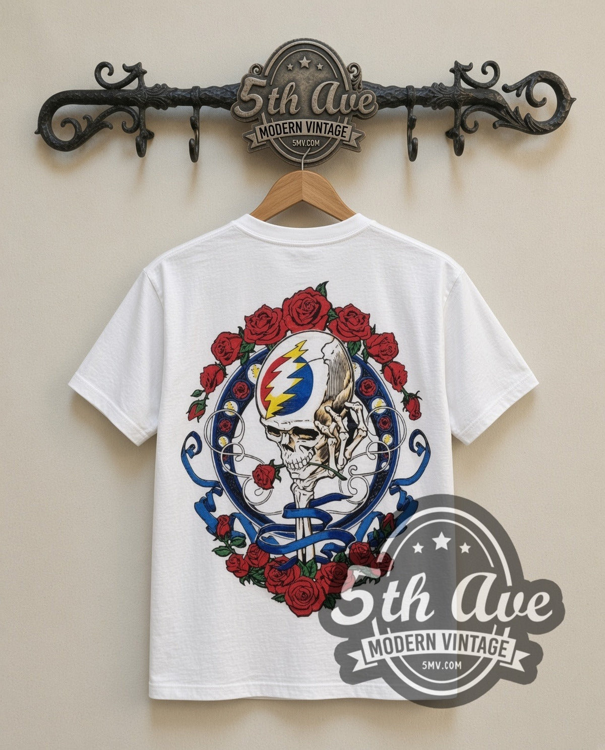 Grateful Dead Steal Your Face vintage band t-shirt in white, back view on a display rack