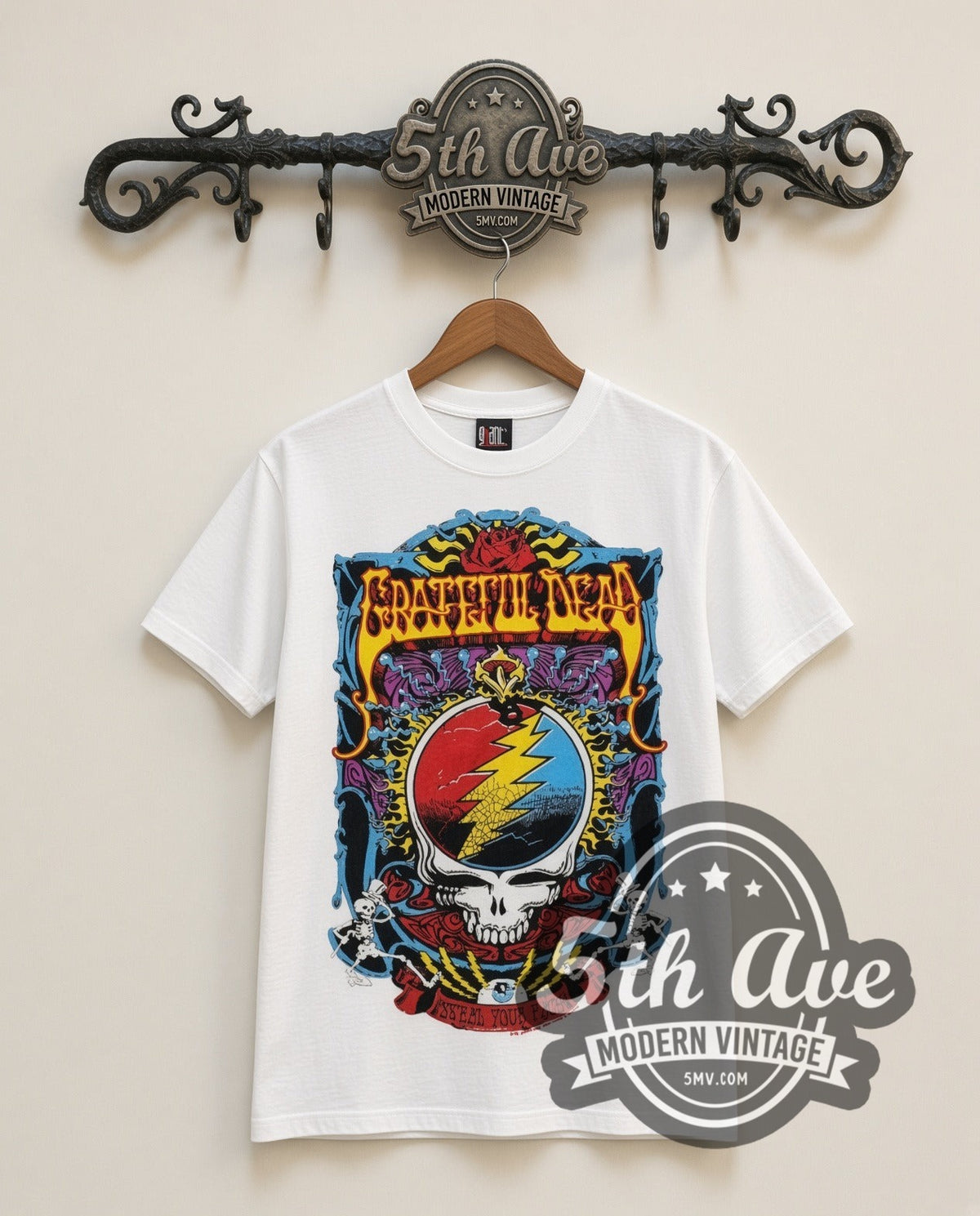 Grateful Dead Steal Your Face vintage band t-shirt in white, front view on a display rack