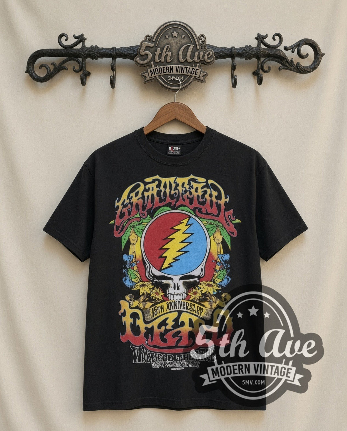 Grateful Dead 15th Anniversary Warfield vintage band t-shirt in black, front view on the 5MV rack