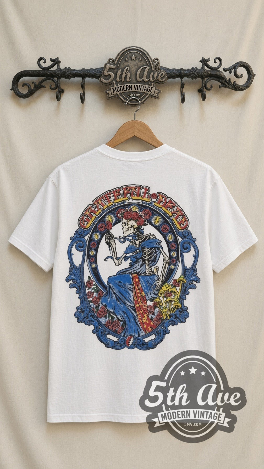 Grateful Dead 15th Anniversary Warfield vintage band t-shirt in white, back view on a display rack