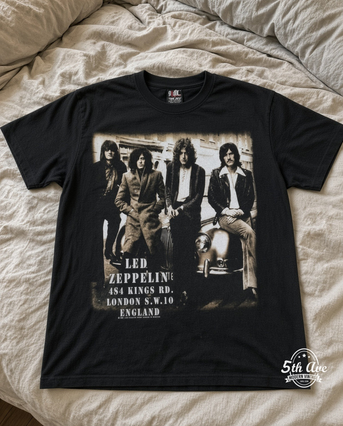 Led Zeppelin 484 Kings Rd London Black vintage tee laid on bed