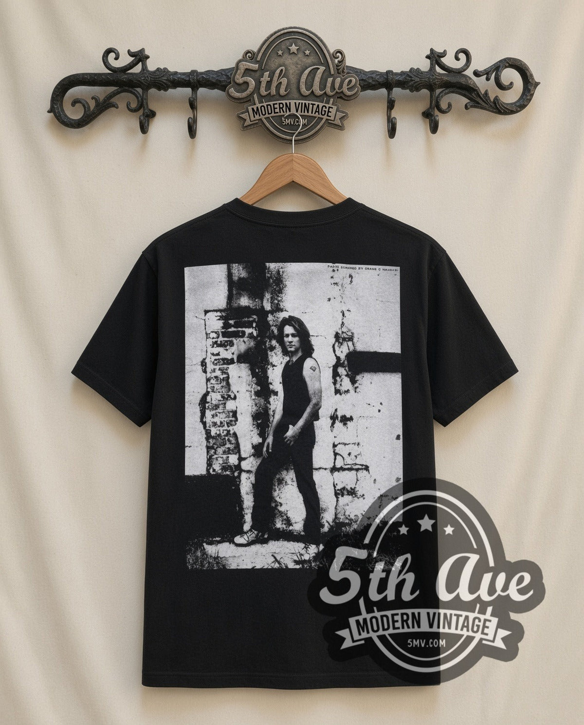 Bon Jovi Live vintage band t-shirt in black, back view on a display rack