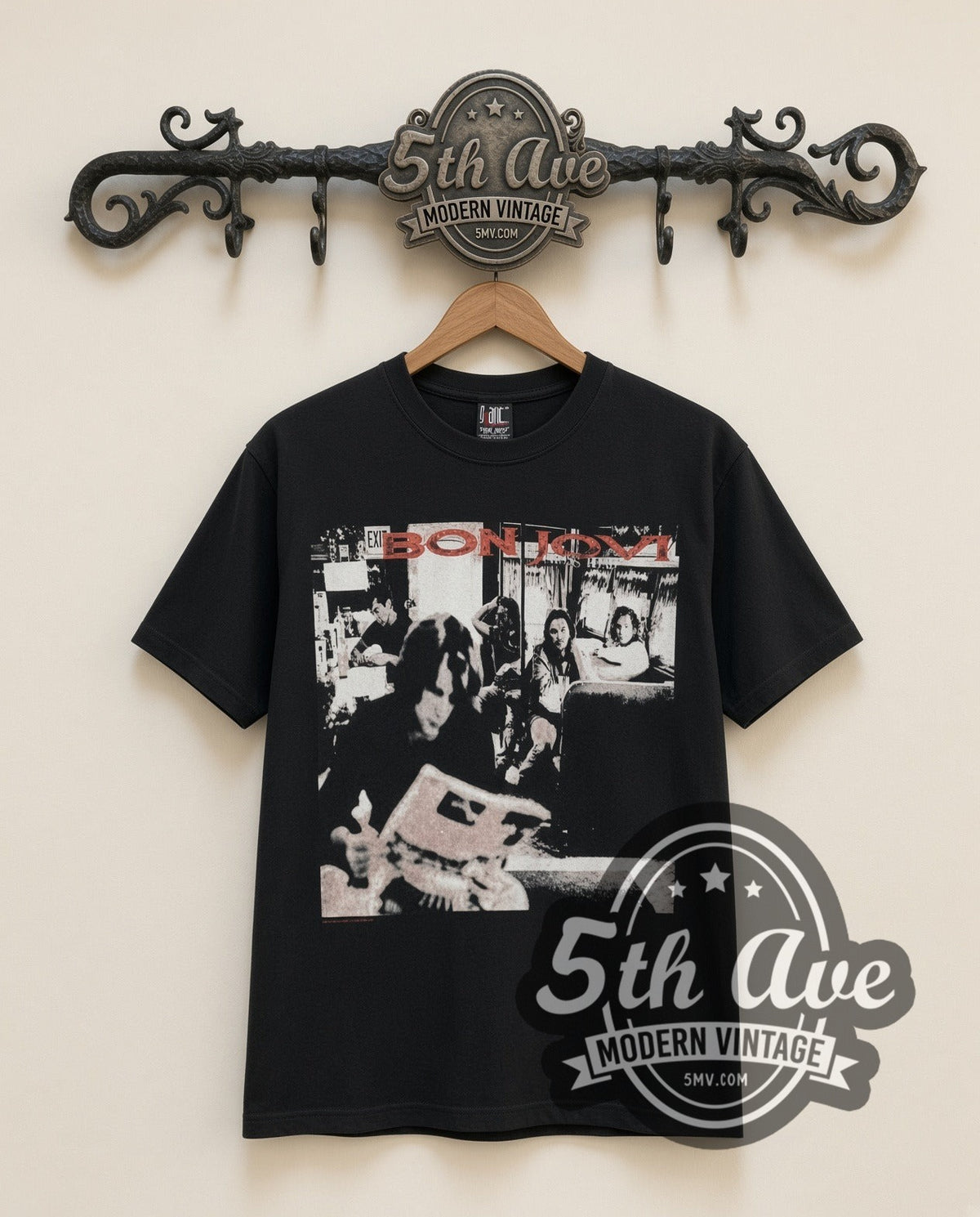Bon Jovi Live vintage band t-shirt in black, front view on a display rack