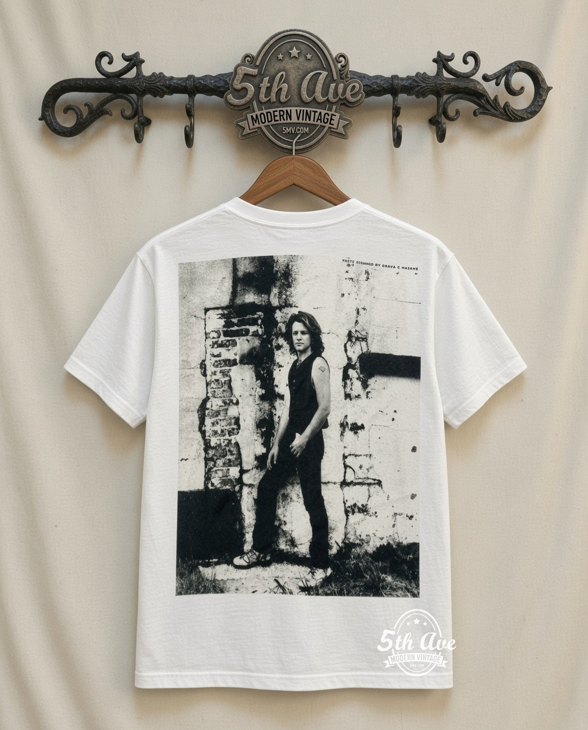 Bon Jovi Live vintage band t-shirt in white, back view on a display rack