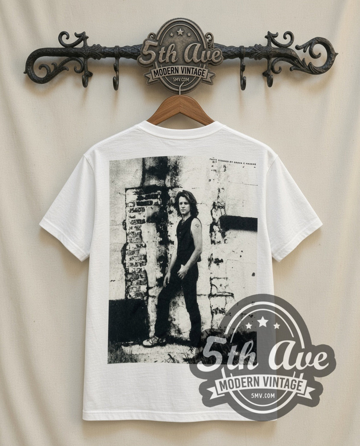 Bon Jovi Live vintage band t-shirt in white, back view on a display rack