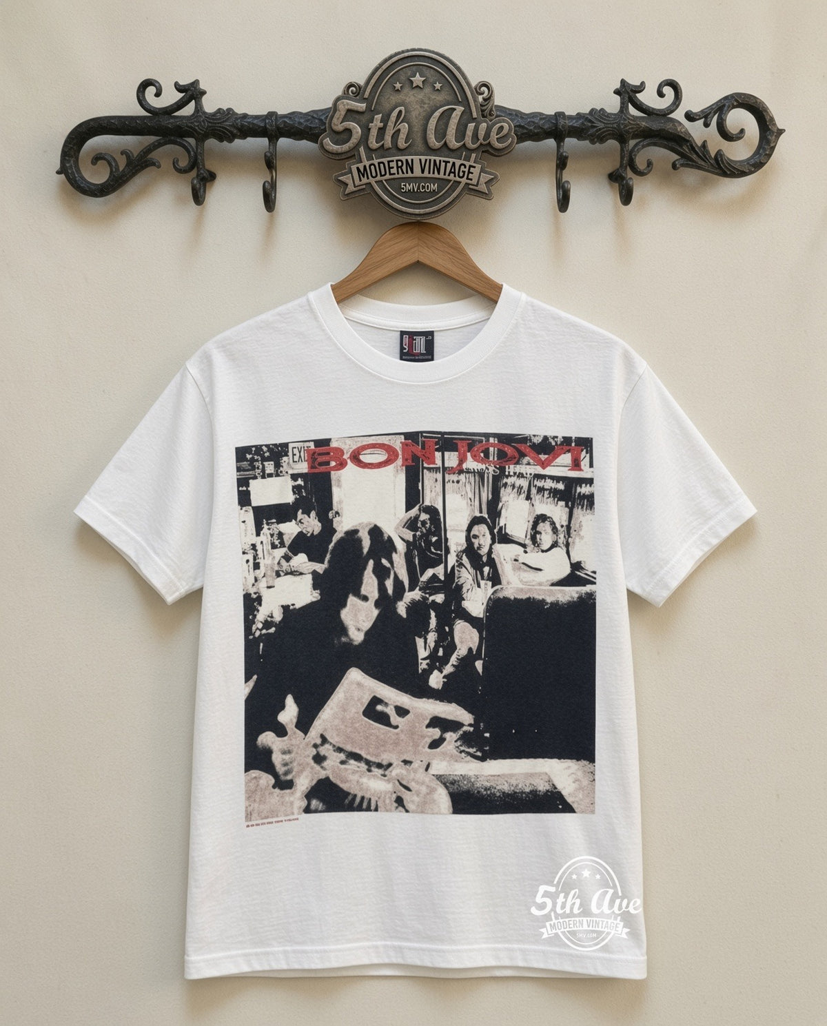 Bon Jovi Live vintage band t-shirt in white, front view on a display rack