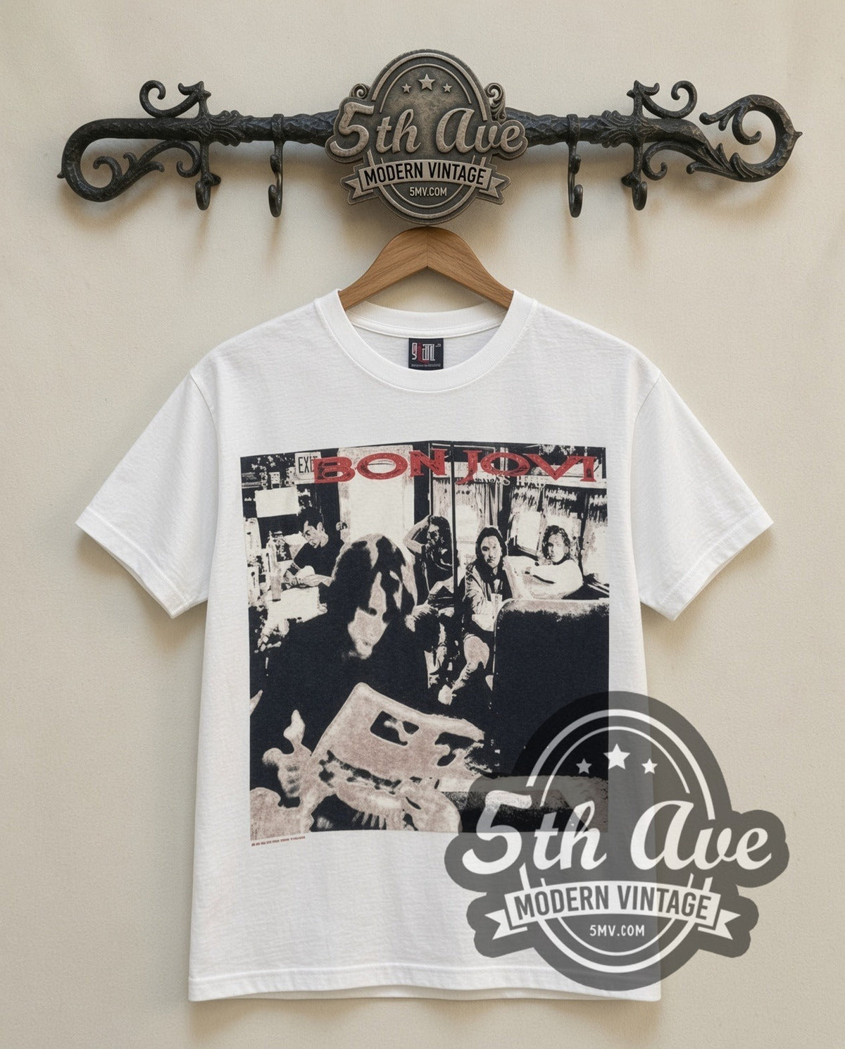 Bon Jovi Live vintage band t-shirt in white, front view on a display rack