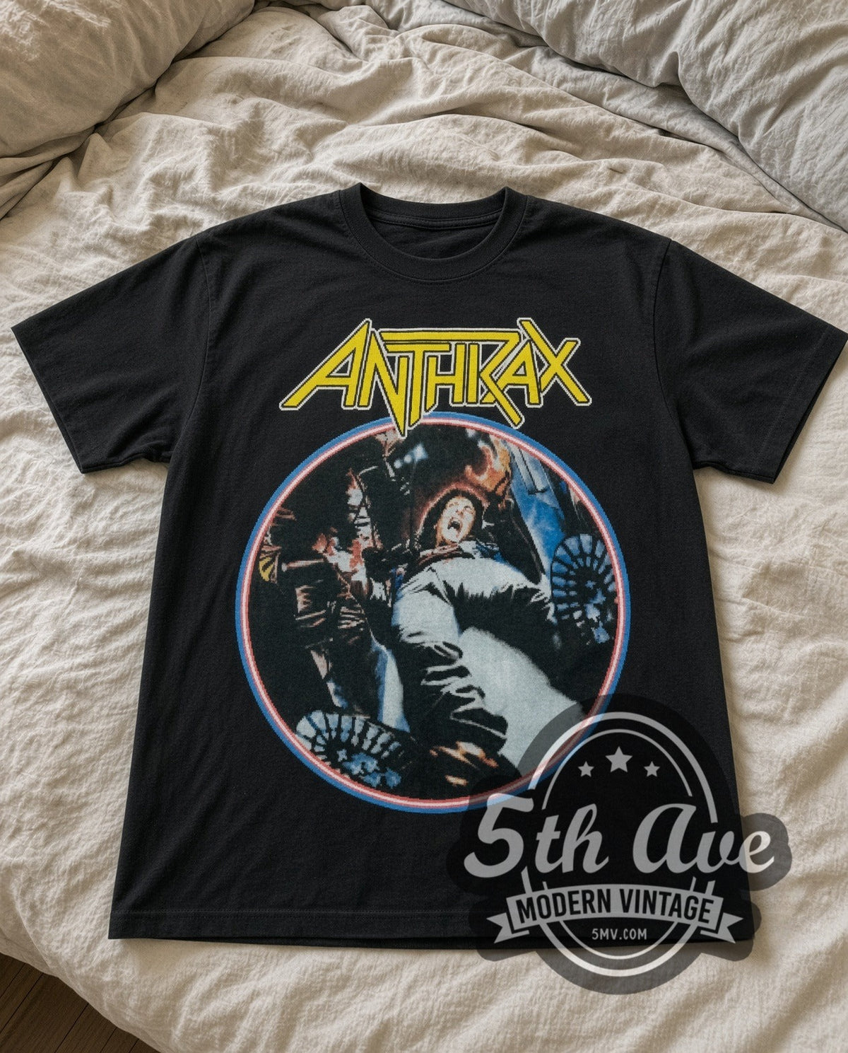Anthrax Fist vintage band t-shirt in black laid flat on a bed, front artwork