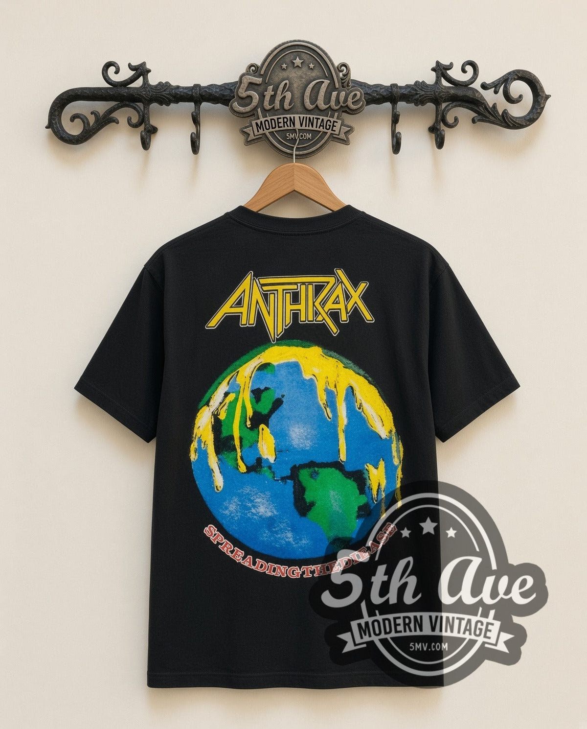 Anthrax Fist vintage band t-shirt in black, back view on a display rack