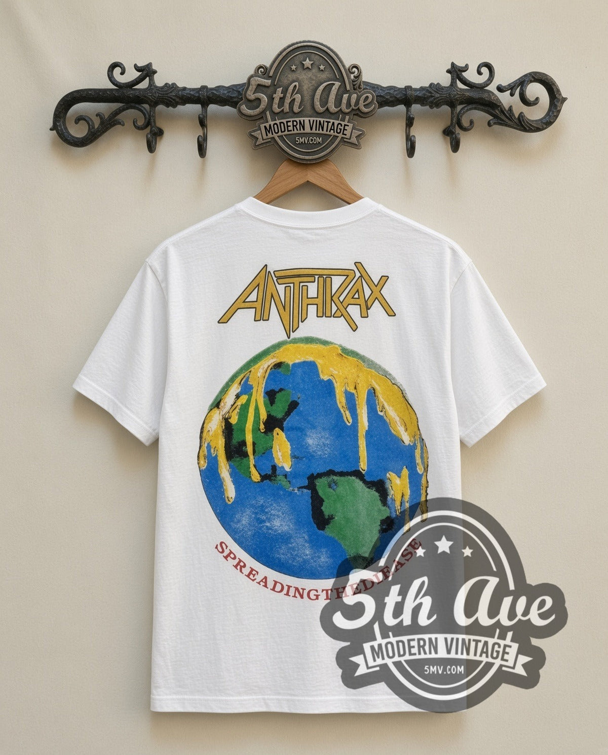 Anthrax Fist vintage band t-shirt in white, back view on a display rack