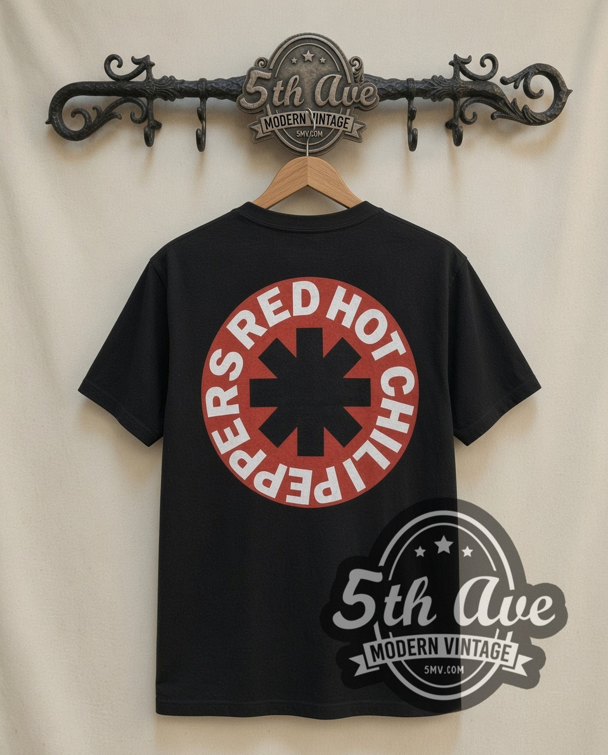 Red Hot Chili Peppers Mother's Milk vintage band t-shirt in black, back view on the 5MV rack