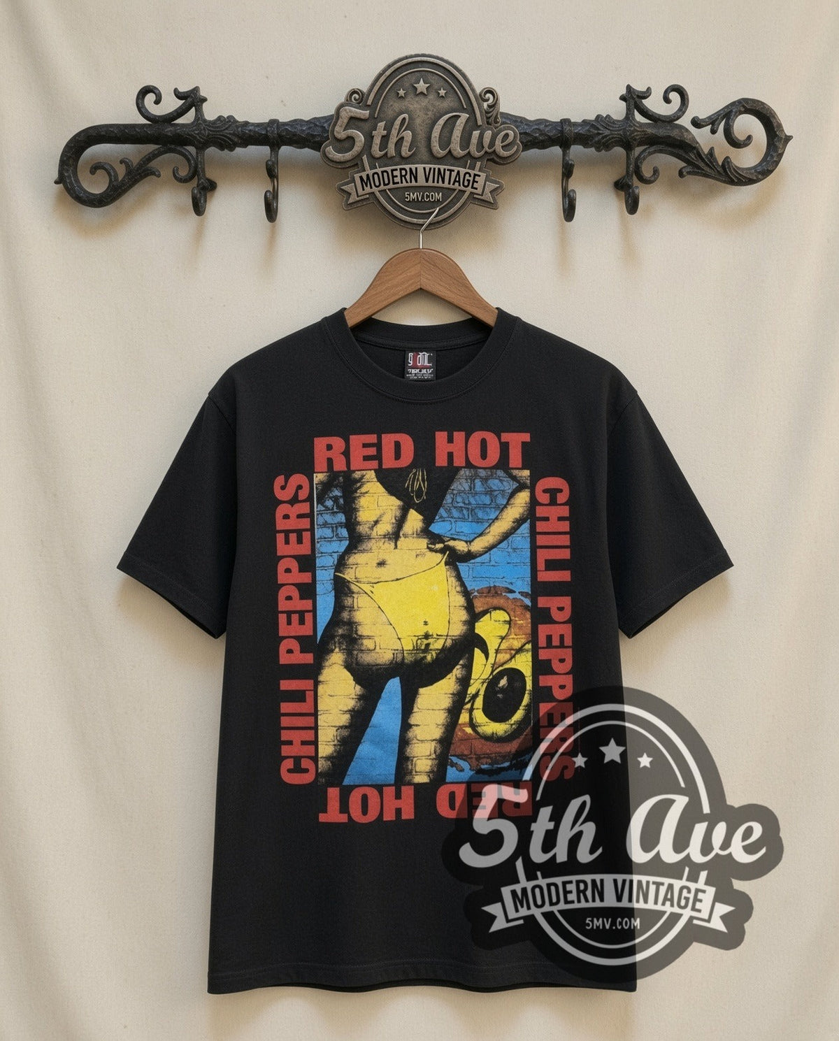 Red Hot Chili Peppers Mother's Milk vintage band t-shirt in black, front view on the 5MV rack