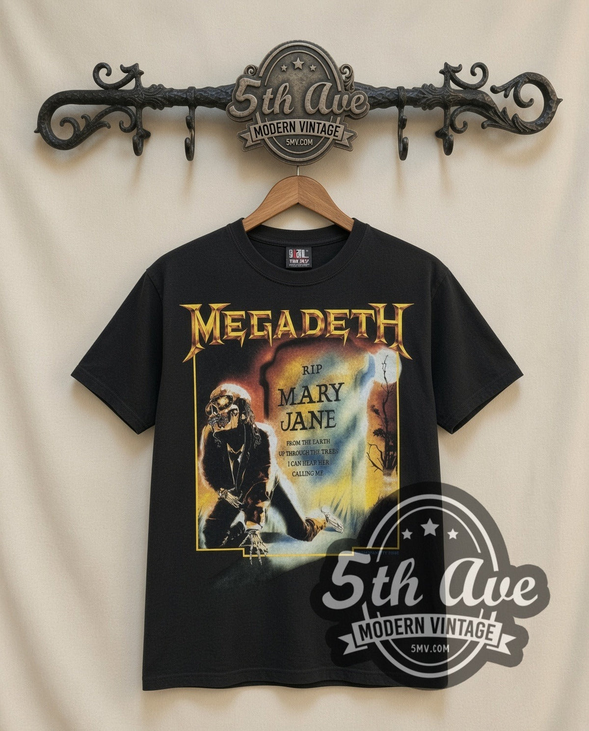 Megadeth Mary Jane vintage band t-shirt in black, front view on a display rack