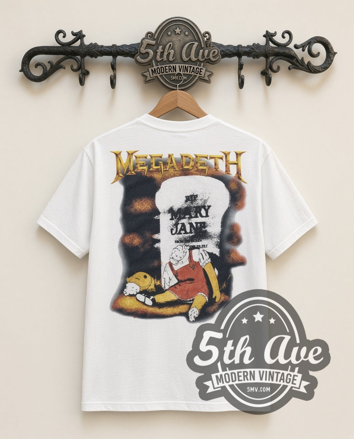Megadeth Mary Jane vintage band t-shirt in white, back view on a display rack