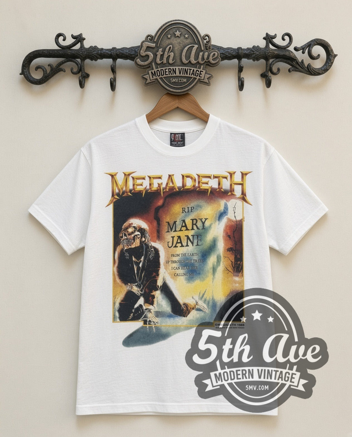 Megadeth Mary Jane vintage band t-shirt in white, front view on a display rack