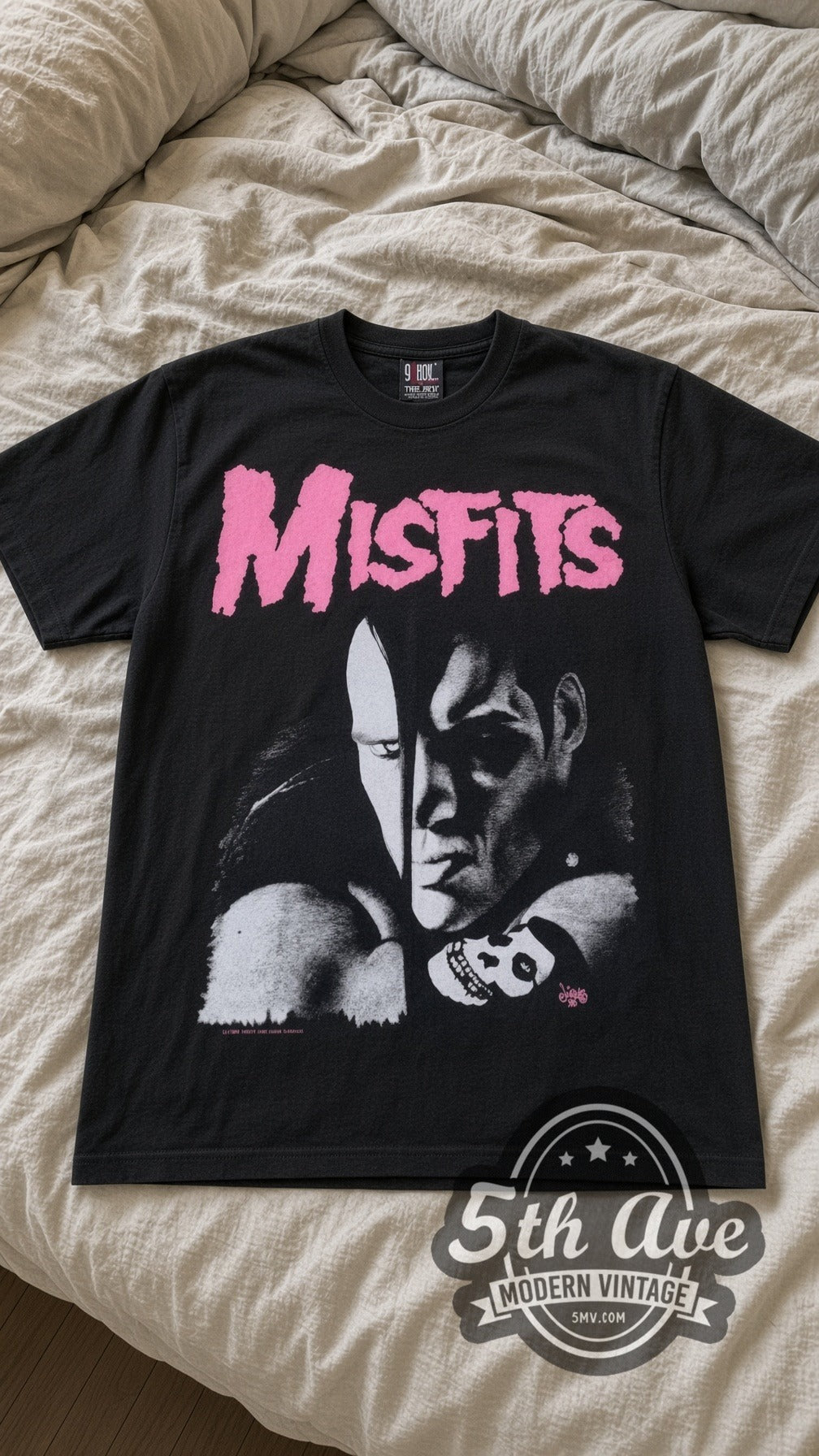 Misfits Crimson Ghost vintage band t-shirt in black laid flat on a bed, front artwork