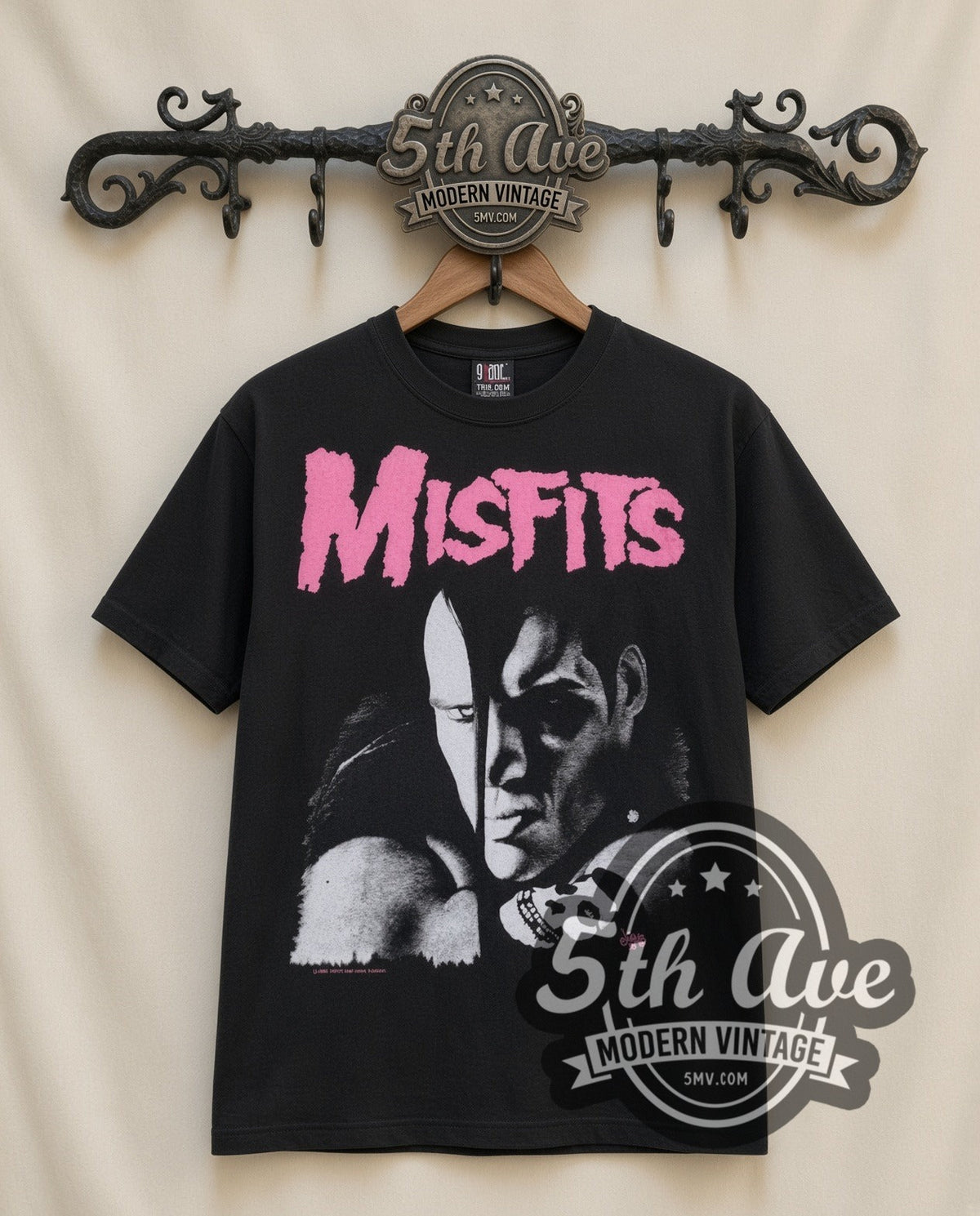 Misfits Crimson Ghost vintage band t-shirt in black, front view on a display rack