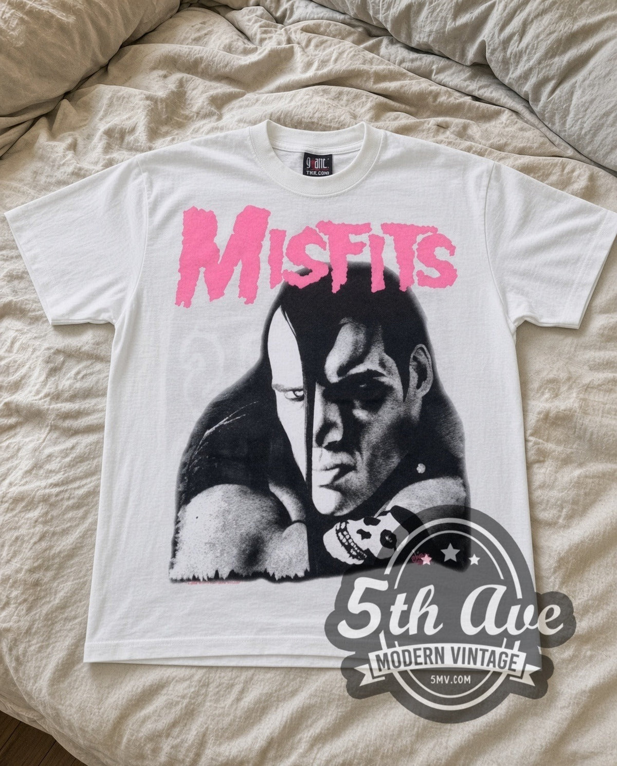 Misfits Crimson Ghost vintage band t-shirt in white laid flat on a bed, front artwork
