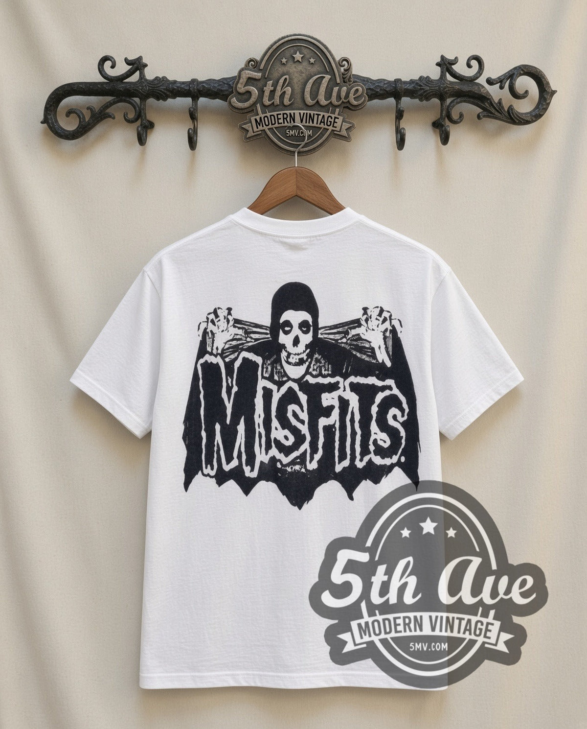 Misfits Crimson Ghost vintage band t-shirt in white, back view on a display rack