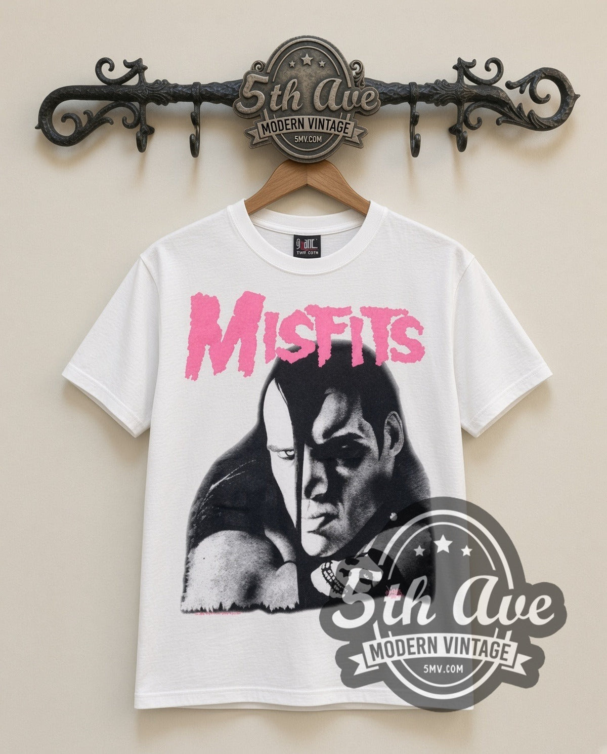Misfits Crimson Ghost vintage band t-shirt in white, front view on a display rack
