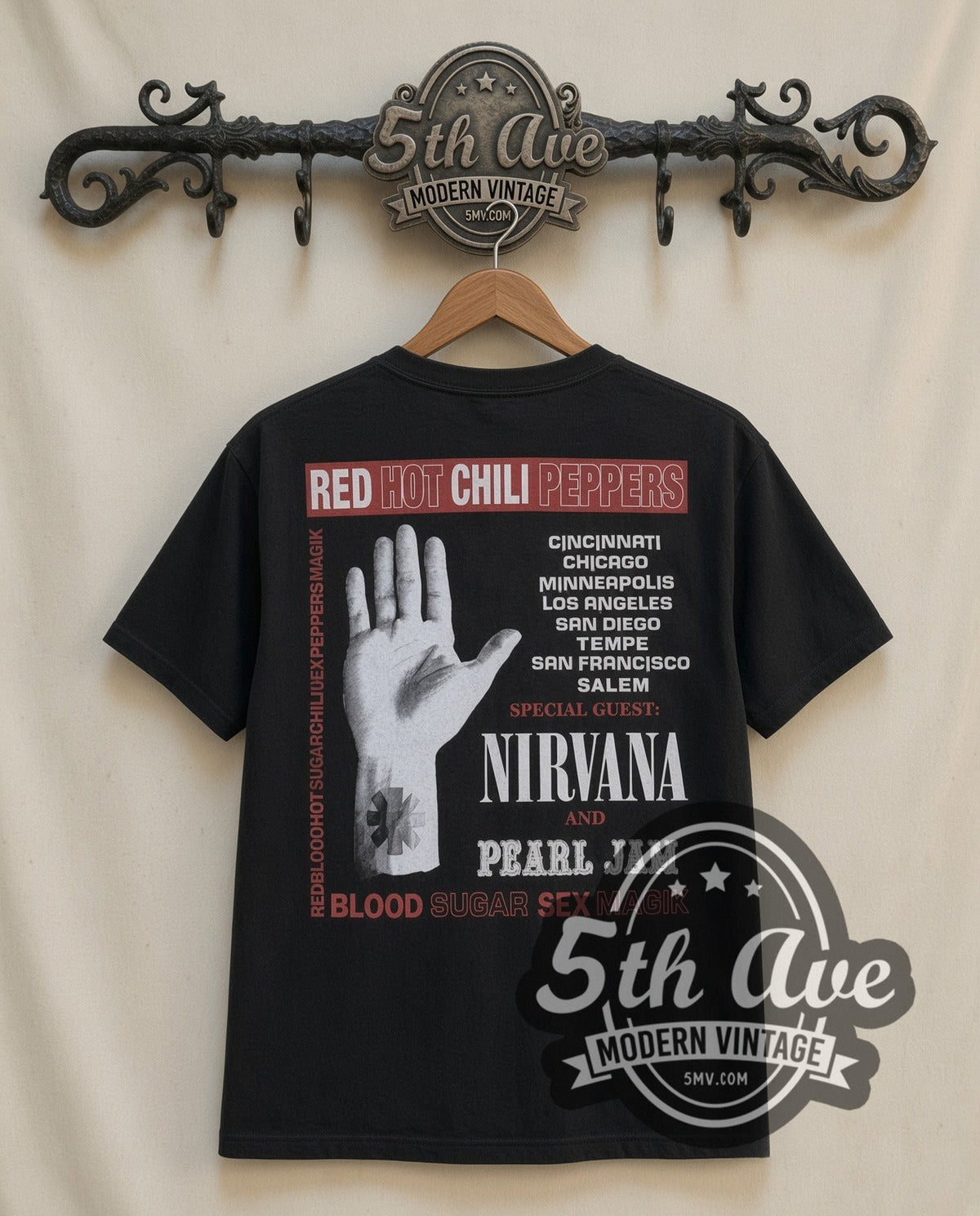 Red Hot Chili Peppers Blood Sugar Sex Magik Tour 1991 vintage band t-shirt in black, back view on the 5MV rack