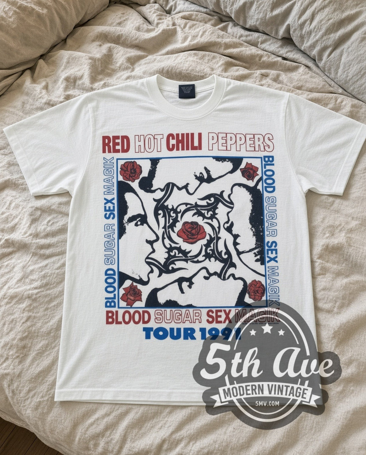 Red Hot Chili Peppers Blood Sugar Sex Magik Tour 1991 vintage band t-shirt in white laid flat on a bed, front artwork