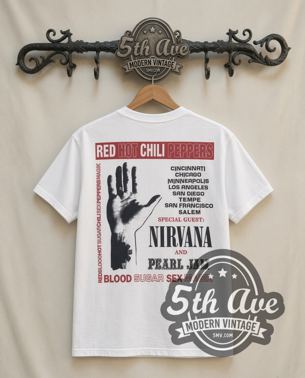 Red Hot Chili Peppers Blood Sugar Sex Magik Tour 1991 vintage band t-shirt in white, back view on a display rack