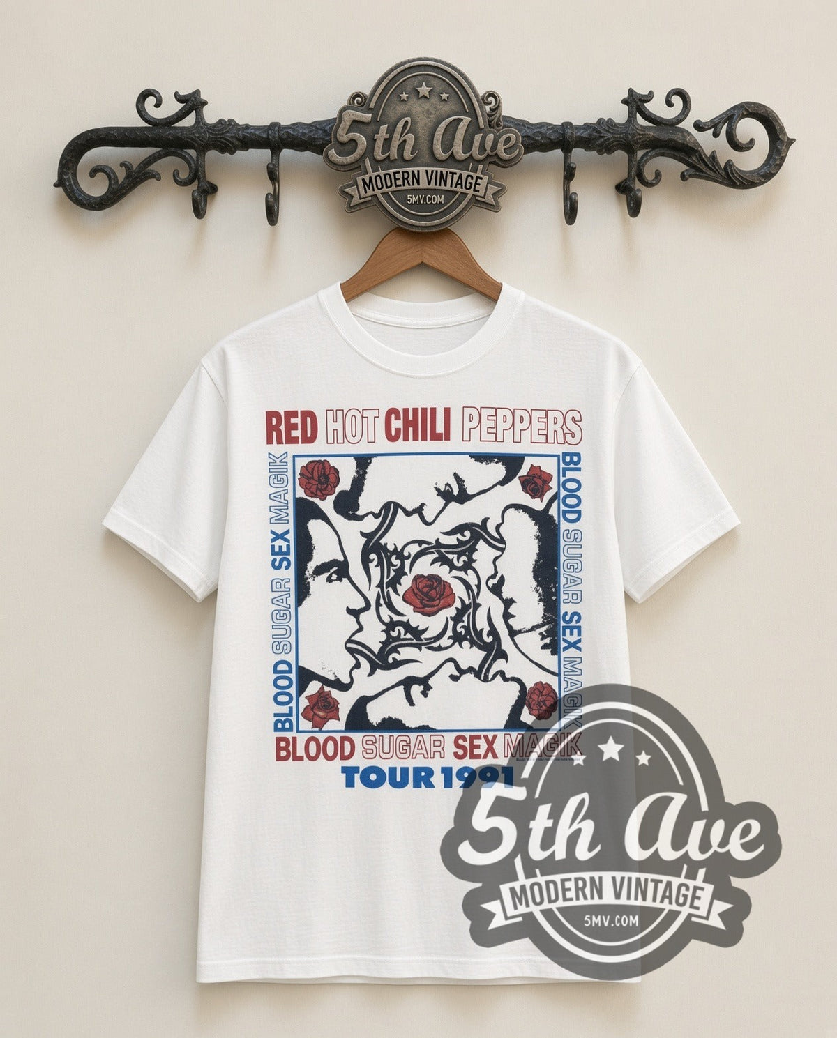 Red Hot Chili Peppers Blood Sugar Sex Magik Tour 1991 vintage band t-shirt in white, front view on a display rack