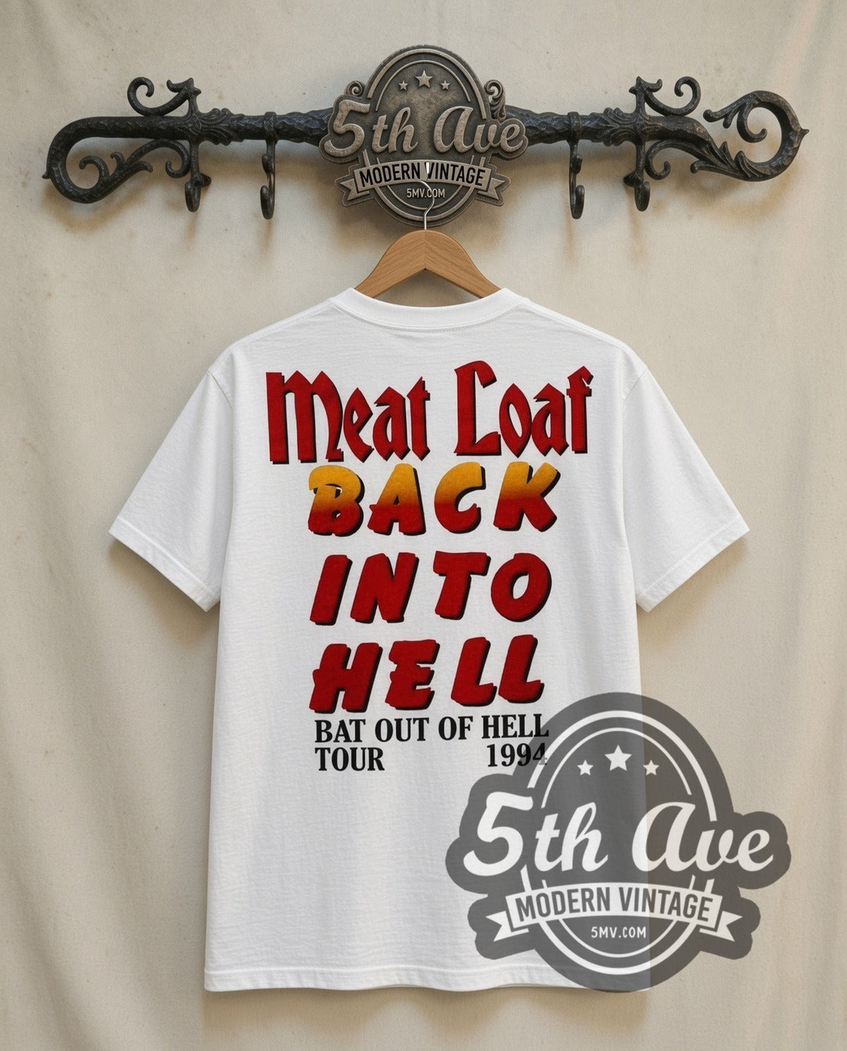 Meat Loaf Bat Out of Hell 1994 vintage band t-shirt in white, back view on a display rack