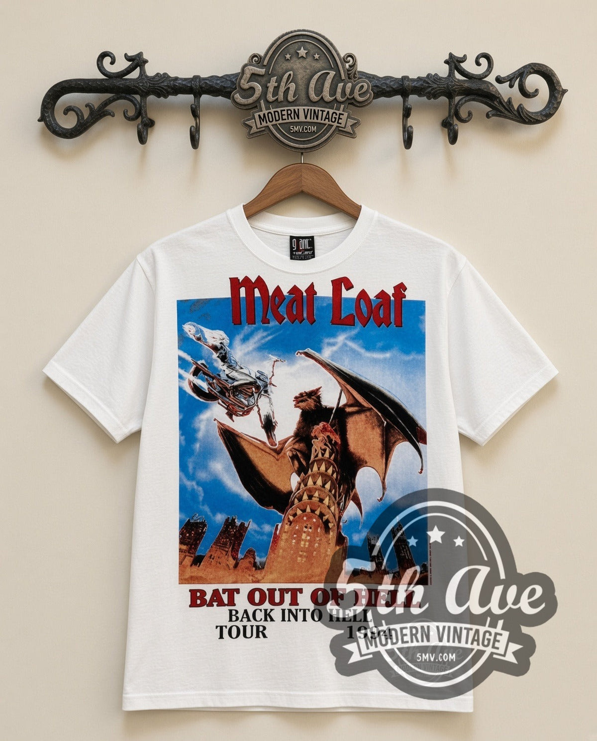Meat Loaf Bat Out of Hell 1994 vintage band t-shirt in white, front view on a display rack