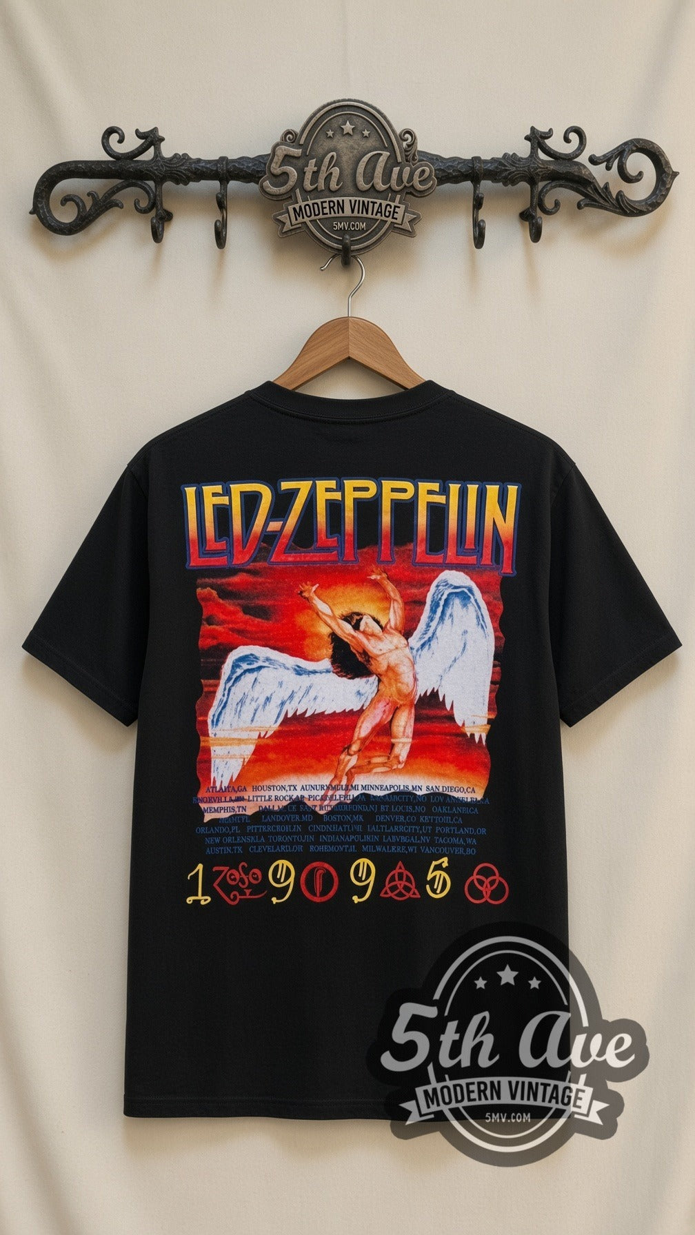 Jimmy Page No Quarter vintage band t-shirt in black, back view on a display rack