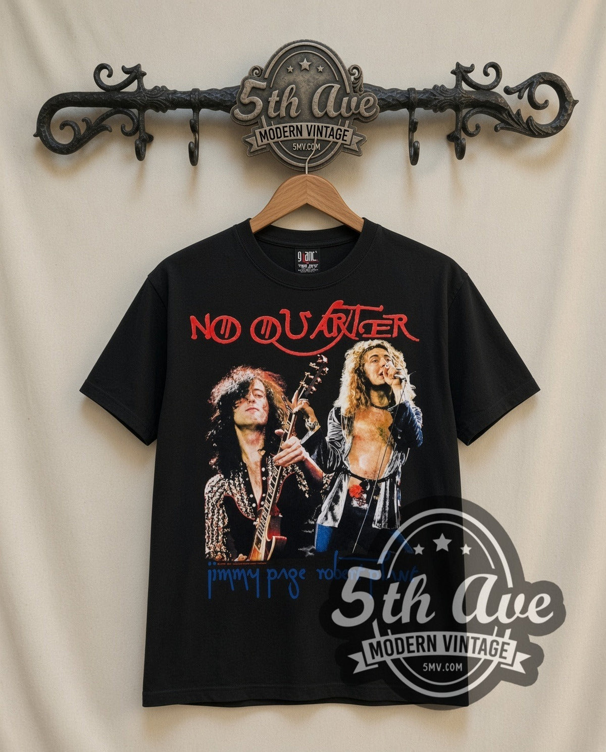 Jimmy Page No Quarter vintage band t-shirt in black, front view on a display rack
