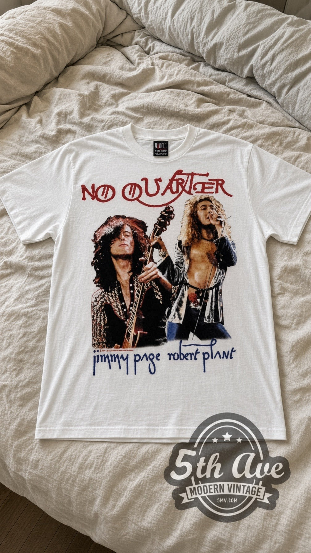 Jimmy Page No Quarter vintage band t-shirt in white laid flat on a bed, front artwork