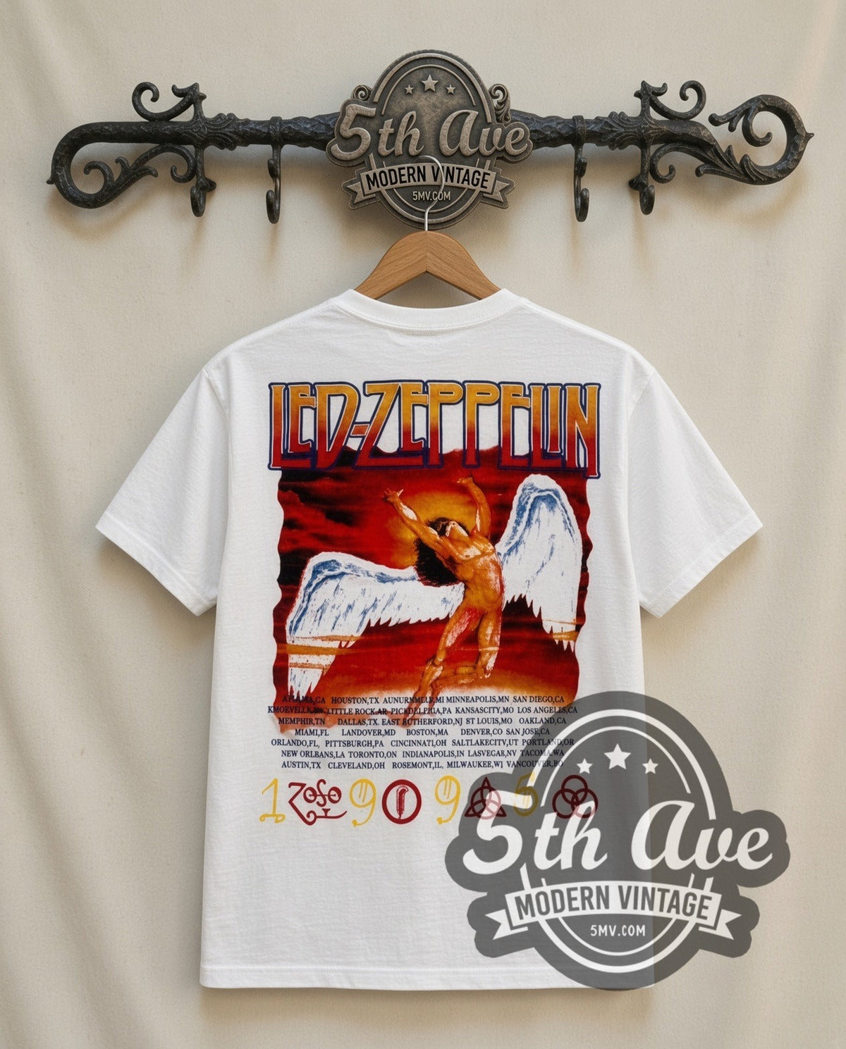 Jimmy Page No Quarter vintage band t-shirt in white, back view on a display rack