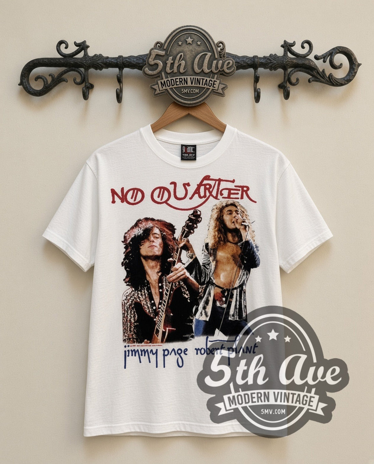 Jimmy Page No Quarter vintage band t-shirt in white, front view on a display rack