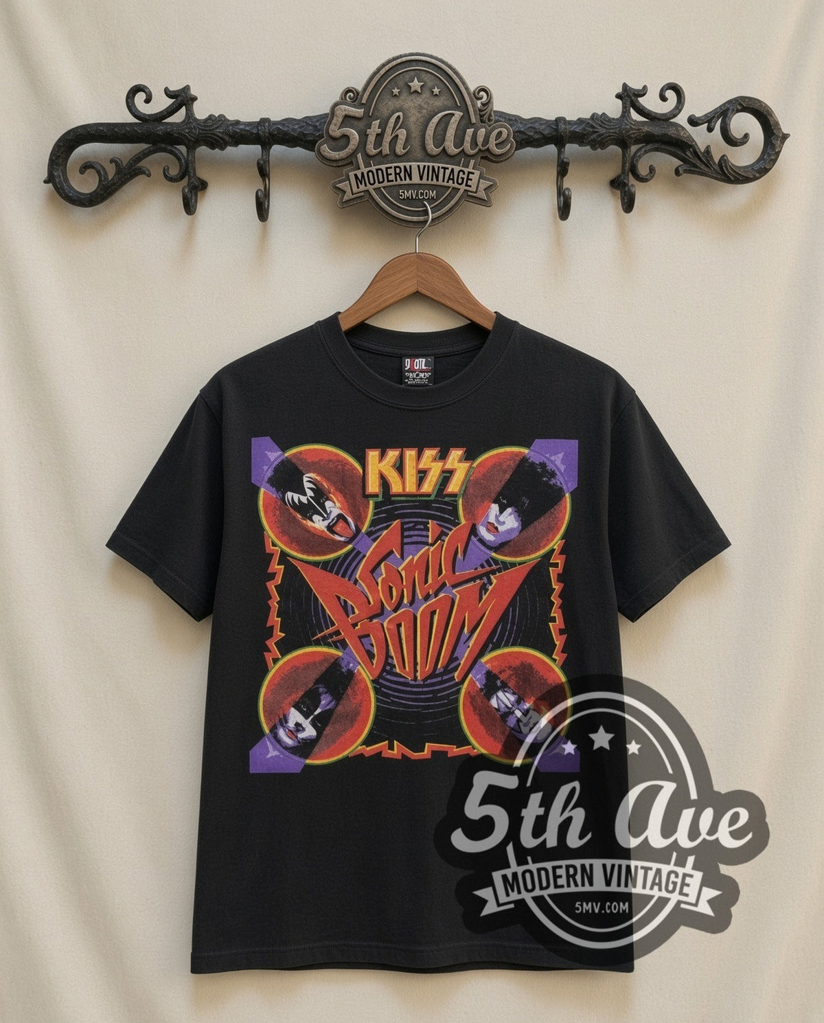 KISS Sonic Boom Faces vintage band t-shirt, front view on a display rack
