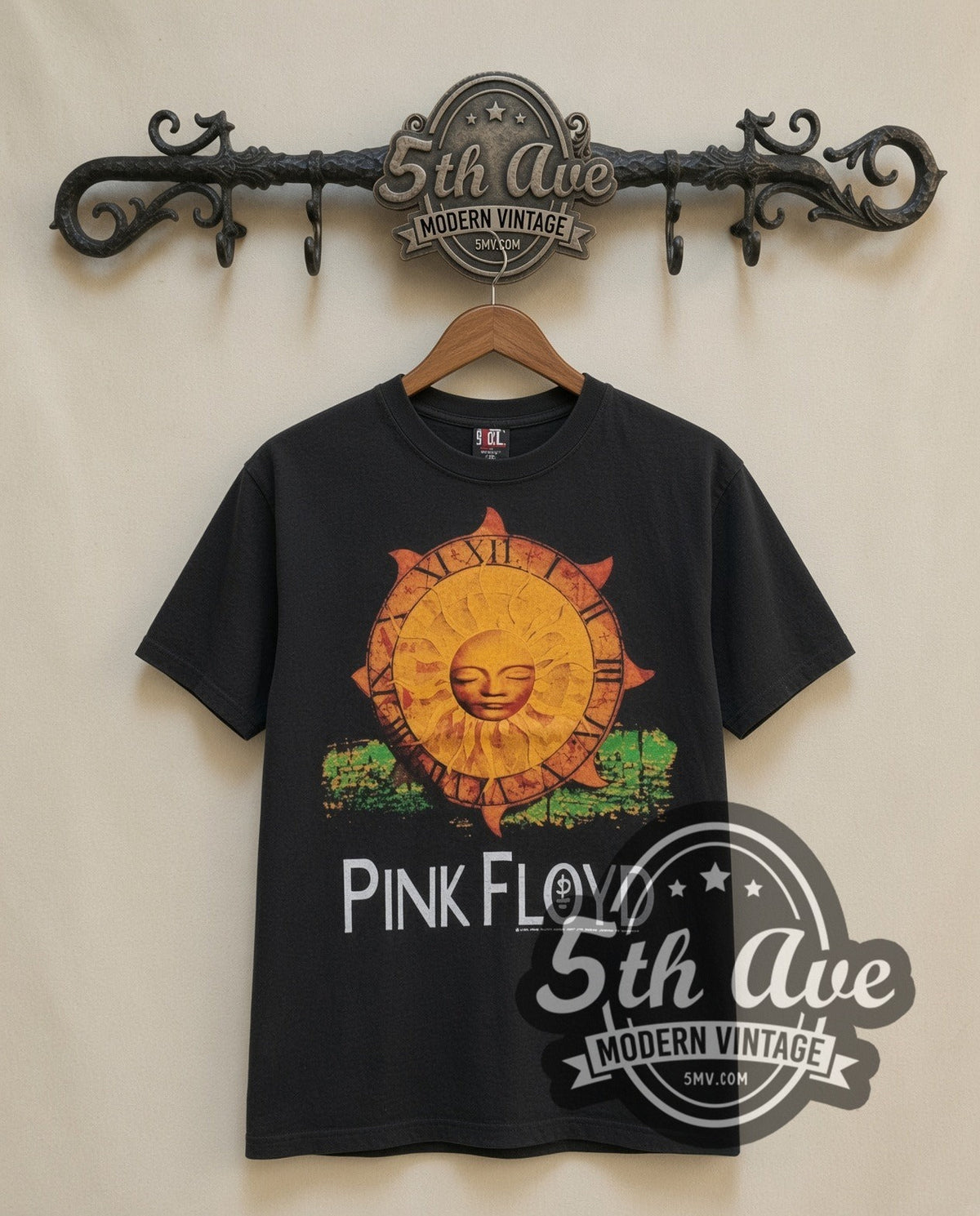 Pink Floyd Sun vintage band t-shirt in black, front view on the 5MV rack