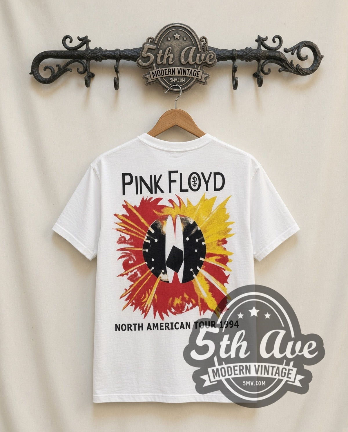 Pink Floyd Sun vintage band t-shirt in white, back view on the 5MV rack