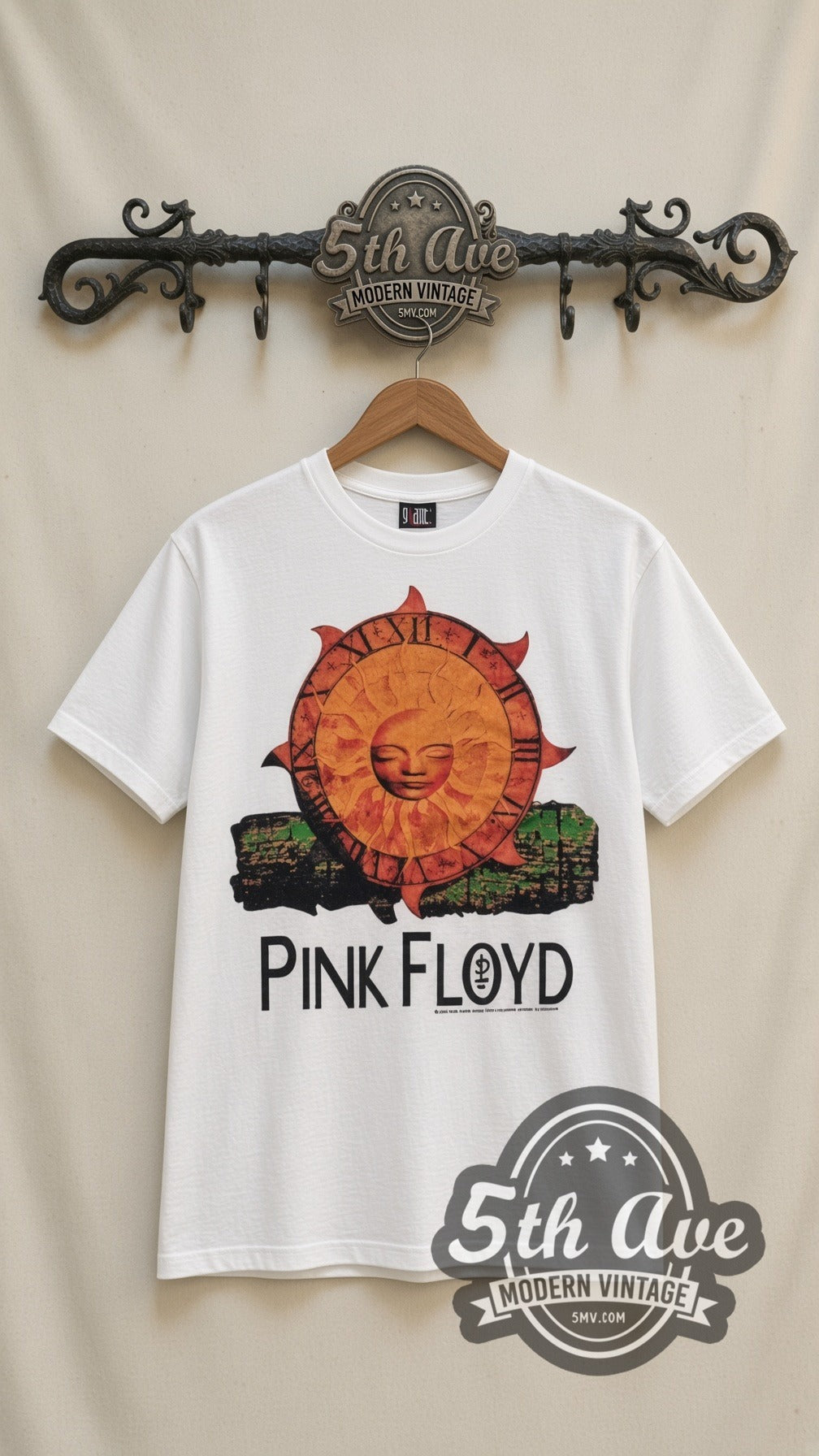Pink Floyd Sun vintage band t-shirt in white, front view on the 5MV rack