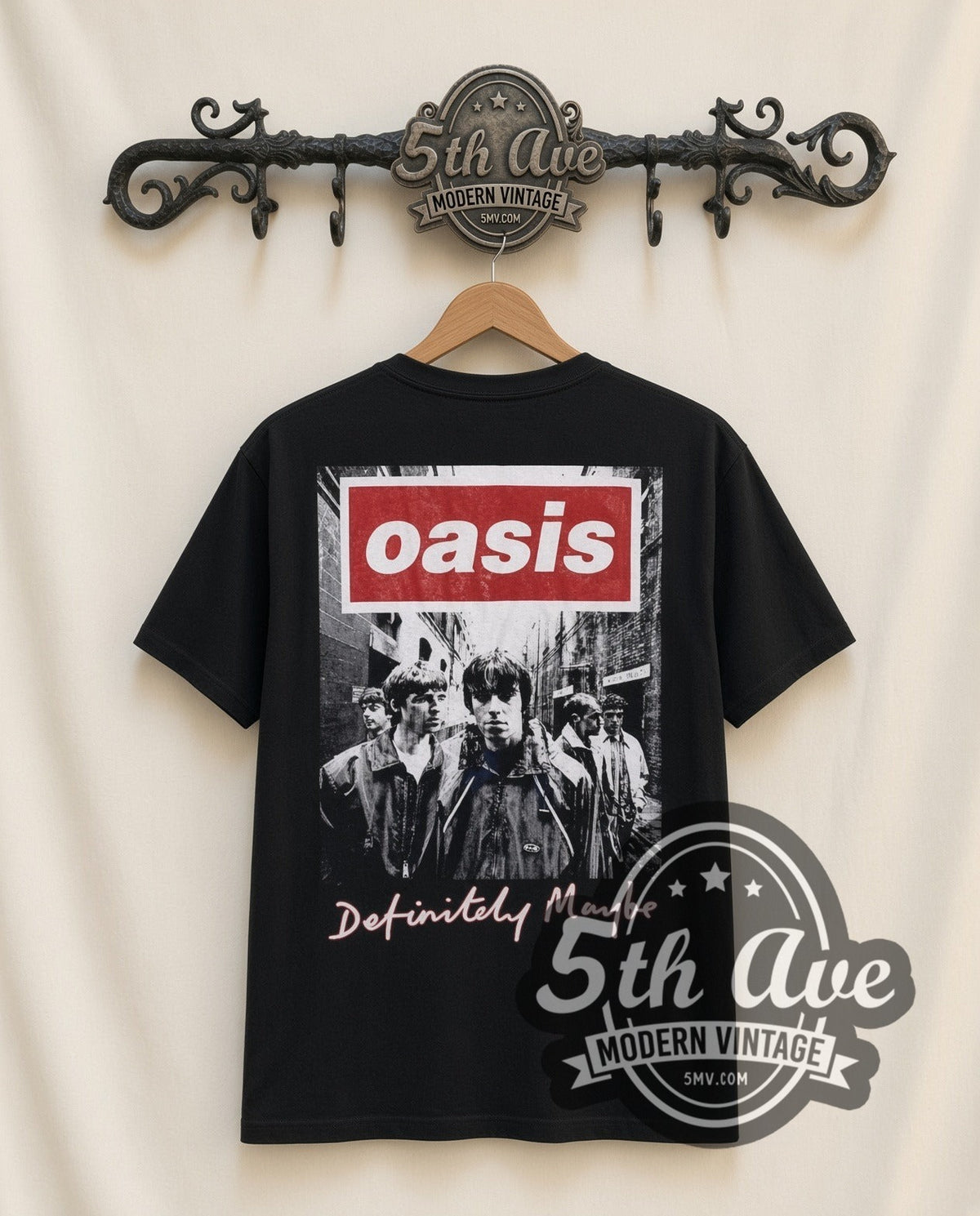 Oasis Definitely Maybe vintage band t-shirt in black, back view on a display rack
